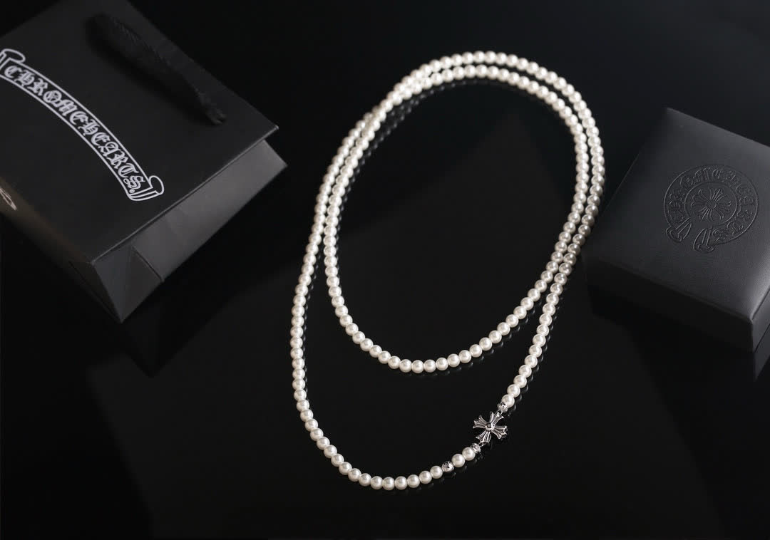 Chrome Hearts Pearl Earrings and Necklace Set